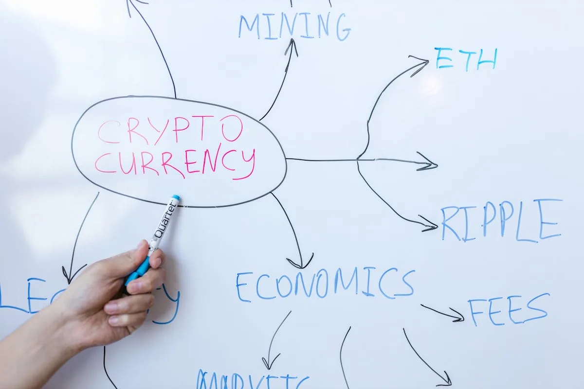 Sơ đồ tư duy cryptocurrency trên bảng trắng với các yếu tố kinh tế, phí và rủi ro DeFi