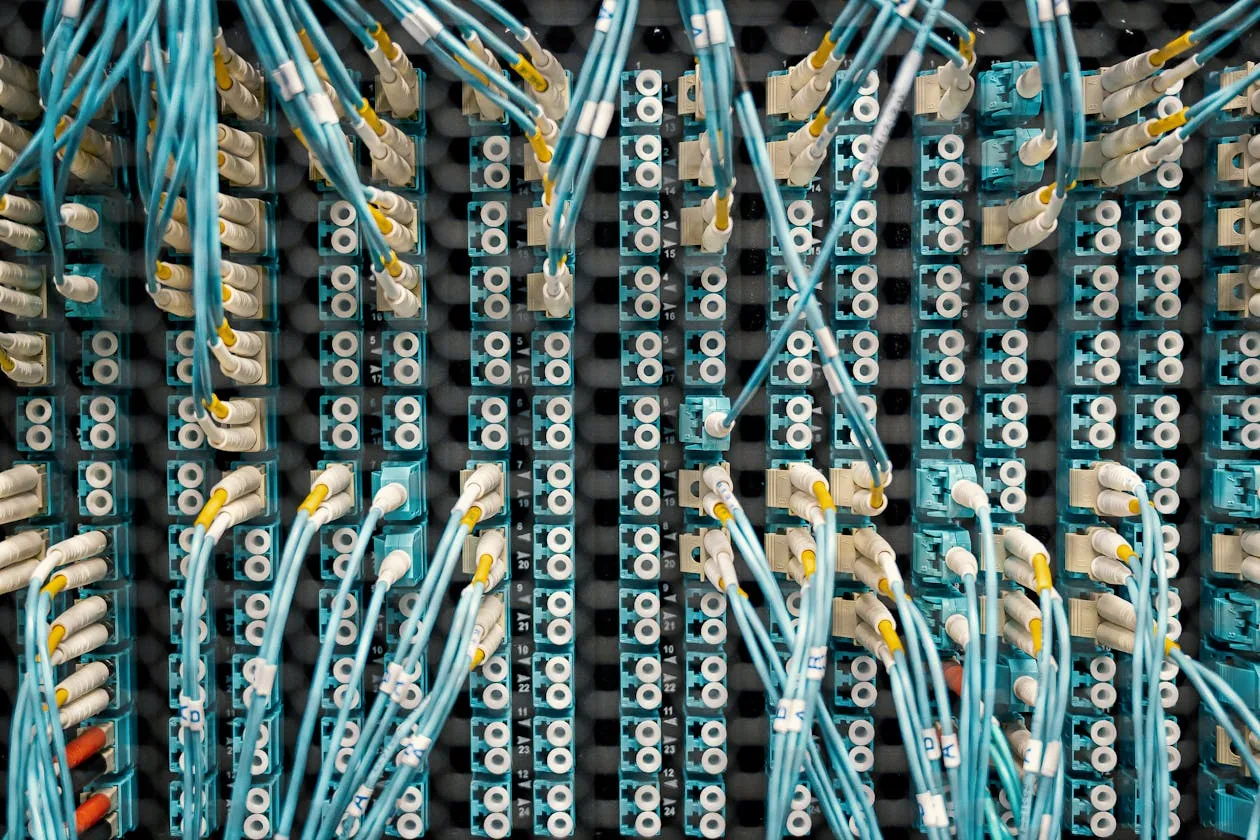 Cáp quang dày đặc trong server tượng trưng cho EIP-4844 blob data và tương lai rollup