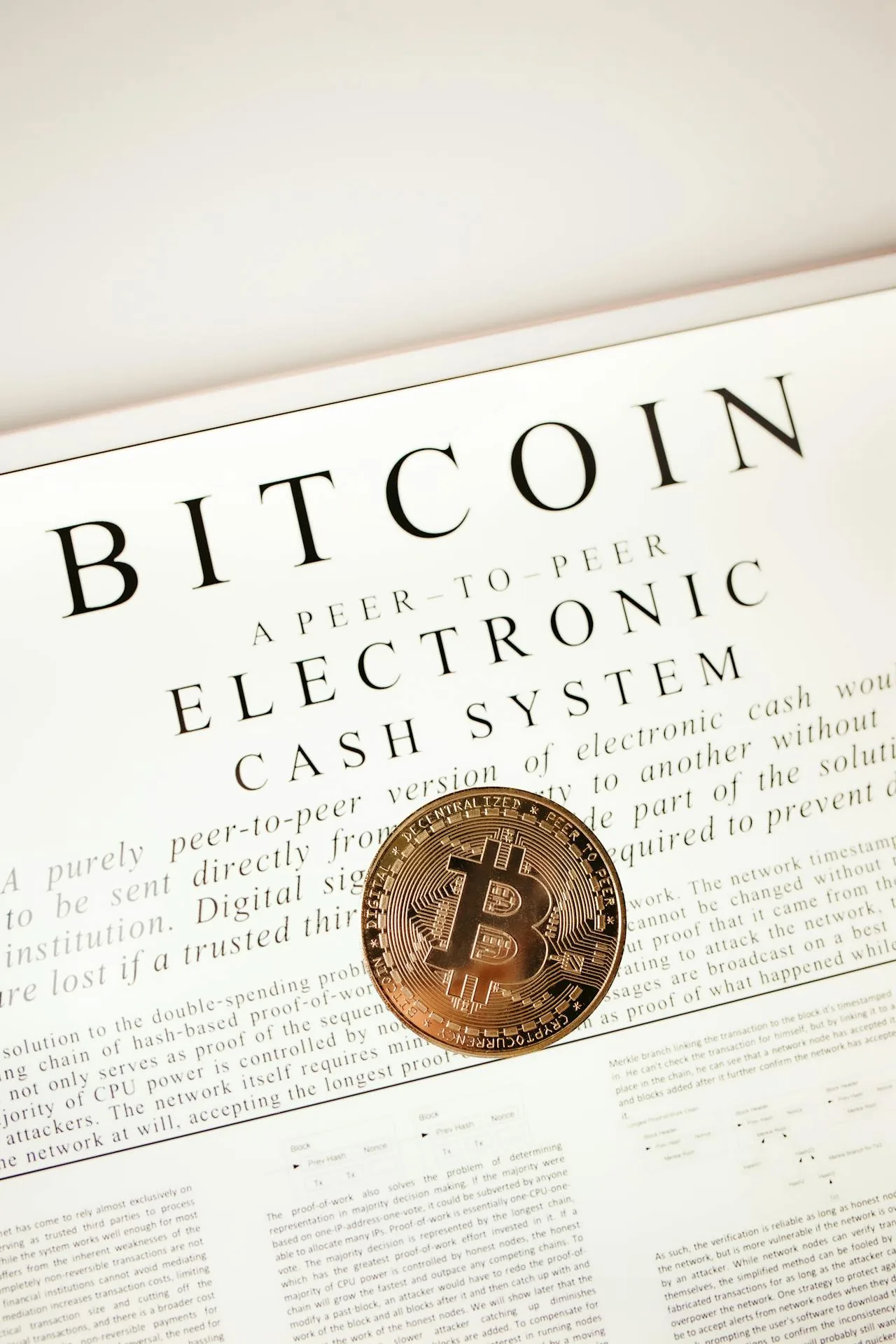 Đồng Bitcoin vàng trên tài liệu whitepaper Bitcoin Peer-to-Peer Electronic Cash System